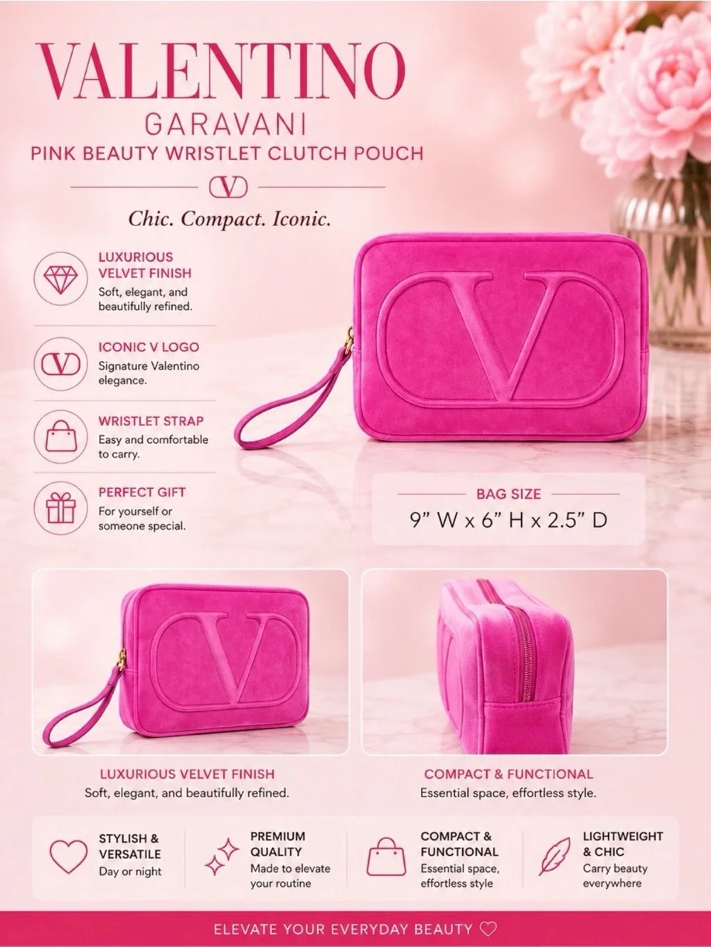 Valentino Pink Velvet Wristlet/Cosmetic Bag